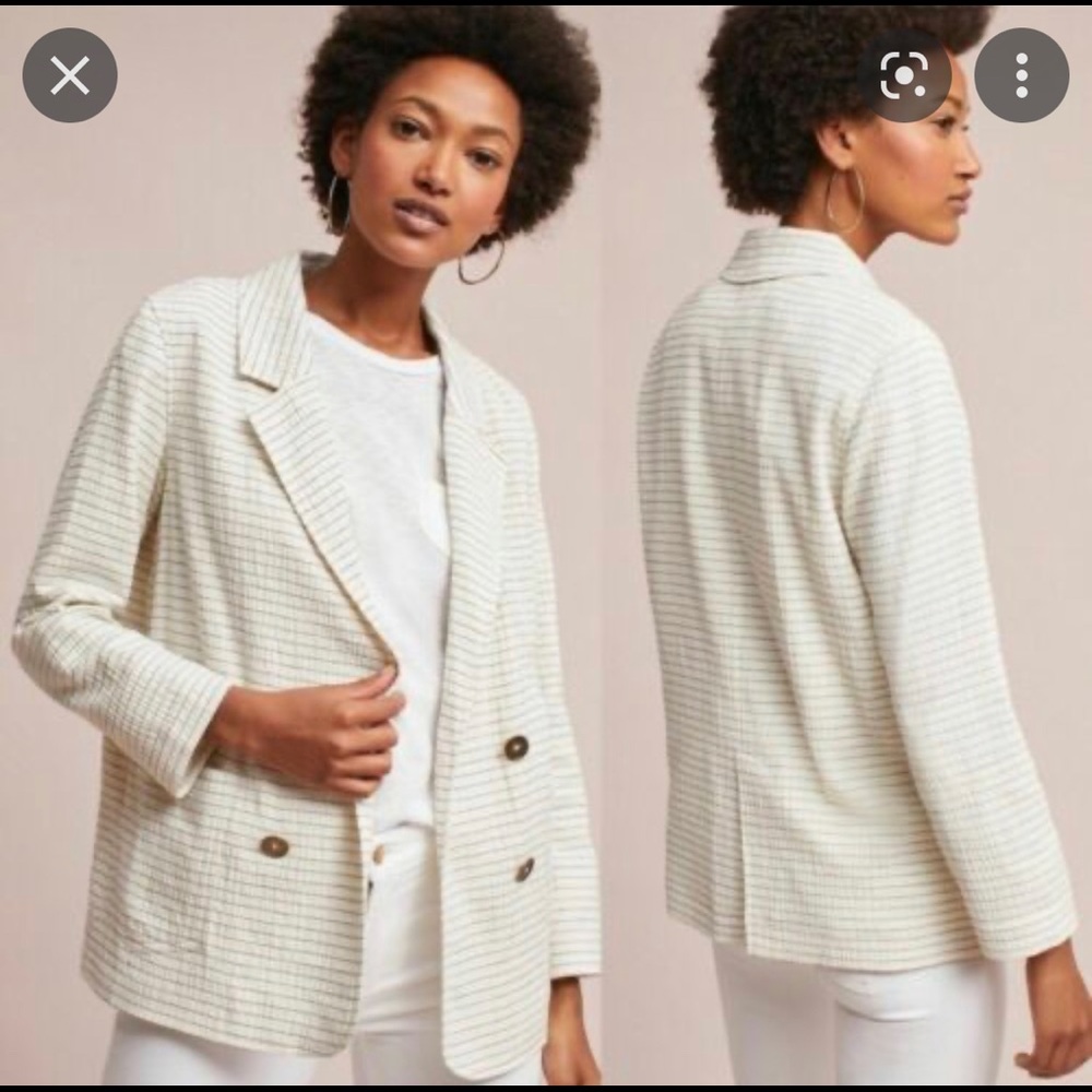 Anthropologie Cartonnier Women's White Double Breasted Striped Blazer Jacket
